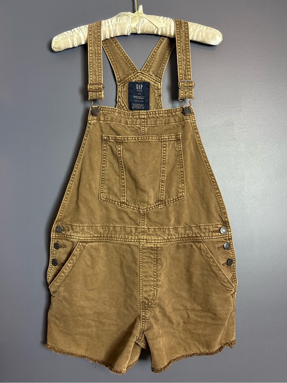 GAP Teen Brown Shortall Bib Overalls Cotton Denim Size 14/16 Frayed Hem Heritage
